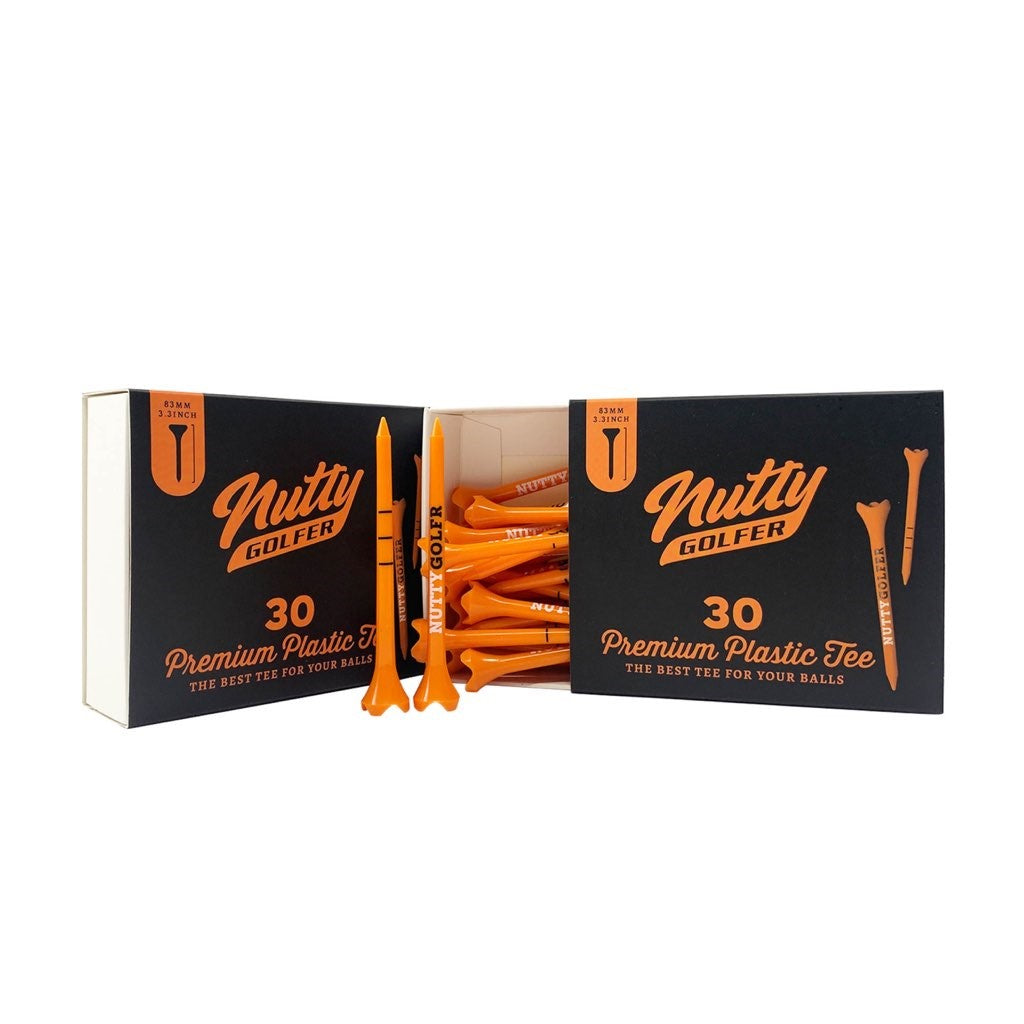 Nutty Golfer High-Performance Plastic Golf Tees - Vibrant Orange, 3 1/4 Inch, Durable & Flexible, Reduced Friction, 30-Pack - Ideal for Drivers and Irons