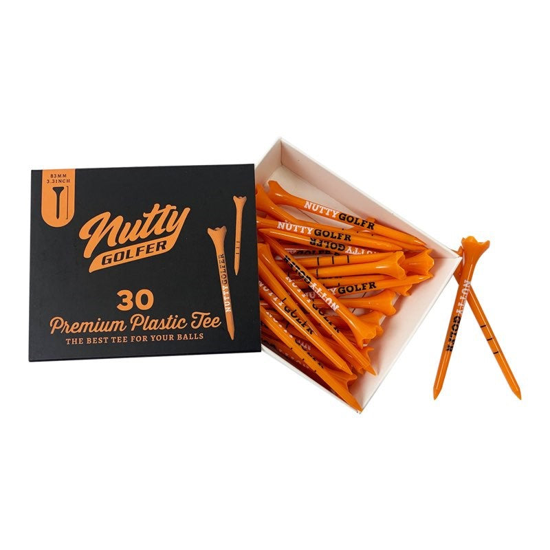 Nutty Golfer High-Performance Plastic Golf Tees - Vibrant Orange, 3 1/4 Inch, Durable & Flexible, Reduced Friction, 30-Pack - Ideal for Drivers and Irons